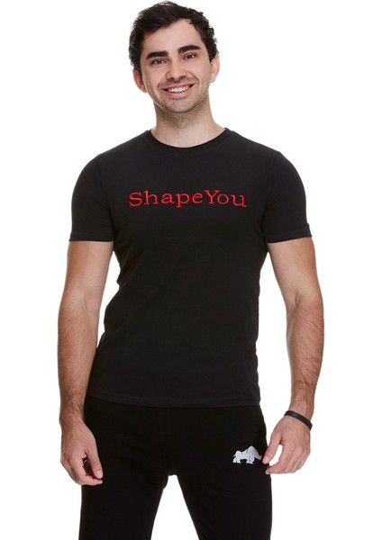 Erkek Siyah Kırmızı Nakışlı Fitness Spor T-Shirt