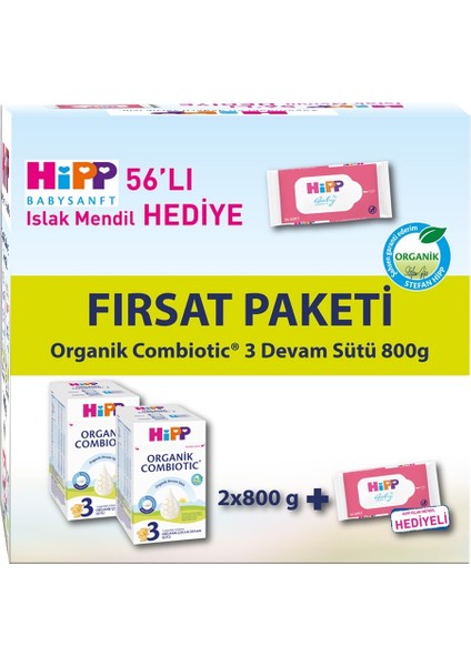 3 Organik Bebek Sütü Combiotic 800 gr x 2 Adet Avantaj Paketi (Islak Mendil Hediyeli)