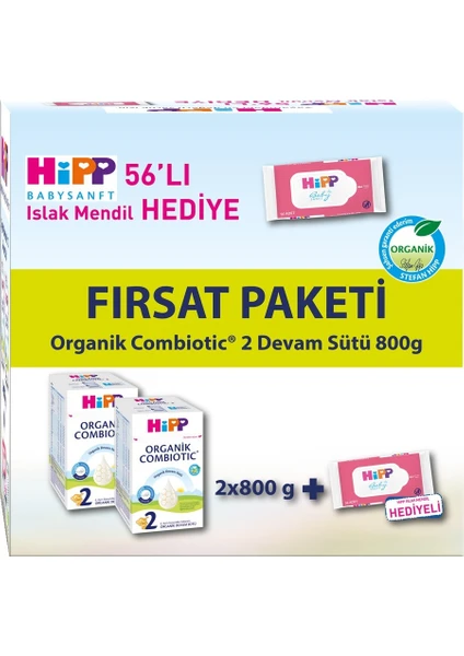 2 Organik Bebek Sütü Combiotic 800 gr x 2 Adet Avantaj Paketi (Islak Mendil Hediyeli)