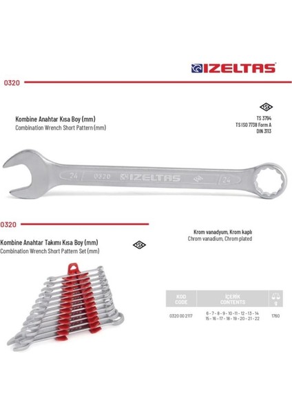 Izeltaş 17 Parça Kombine Anahtar Takımı 6-22 mm Arası 0320 00 2117