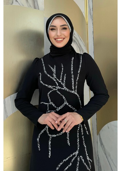 Taş Işleme Desenli Elbise 3889 Siyah fırsatları