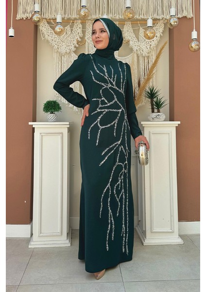 Taş Işleme Desenli Elbise 3889 Zümrüt