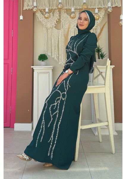 Taş Işleme Desenli Elbise 3889 Zümrüt modelleri