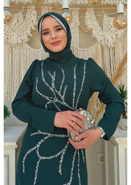 Taş Işleme Desenli Elbise 3889 Zümrüt fırsatları