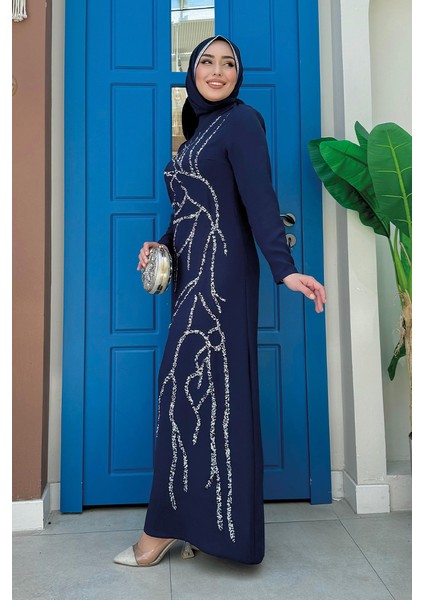 Taş Işleme Desenli Elbise 3889 Lacivert