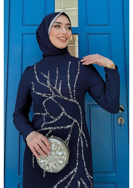 Taş Işleme Desenli Elbise 3889 Lacivert