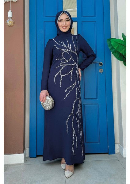 Taş Işleme Desenli Elbise 3889 Lacivert