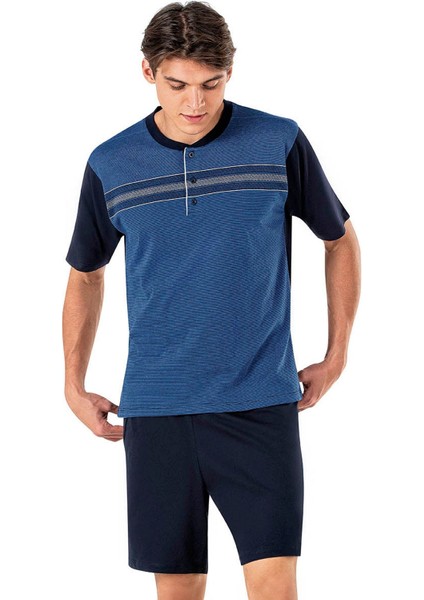 6020 Erkek Jakarlı Kısa Kollu Şortlu 3'lü Pijama Takımı