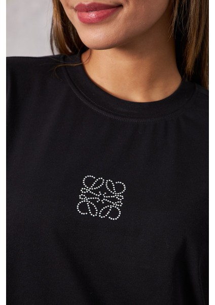Taş Işlemeli Tasarım Oversize Siyah Kadın T-Shirt fırsatları
