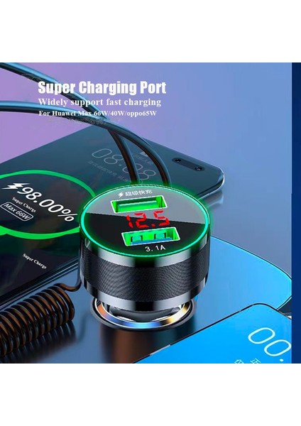 Kablolu Araç USB Şarj Cihazı 3'ü 1 Arada 2 Bağlantı Noktalı 150W Hızlı Şarj, LCD ile iPhone 13 Pro Max 12 11 Mini Samsung Xiaomi Cep Telefonu (Yurt Dışından) modelleri