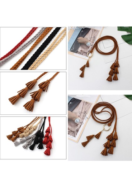 1 Adet Düğümlü Dokuma Örgü Kemer Vintage Kadın Örgülü Uzun Püskül Kemer Ince Bel Halatı Kadın Bel Kemeri (Yurt Dışından)