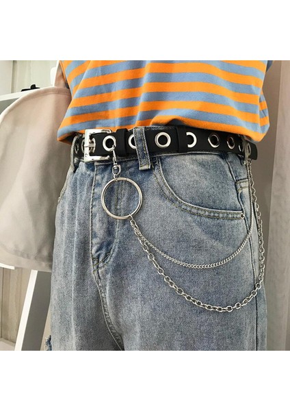 Nieuwe Gotik Sahte Lederen Riem Bayan Gümüş Pin Metal Ketting Yüzük Taille Riem Straat Dans Versieren Riemen Voor Vrouwen Meisje Jeans Zwart (Yurt Dışından)