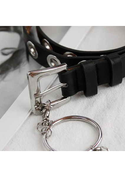 Nieuwe Gotik Sahte Lederen Riem Bayan Gümüş Pin Metal Ketting Yüzük Taille Riem Straat Dans Versieren Riemen Voor Vrouwen Meisje Jeans Zwart (Yurt Dışından) modelleri