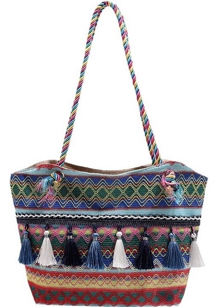 Etnik Tarz Püsküllü Büyük Kapasiteli Omuz Çantası (Yurt Dışından)