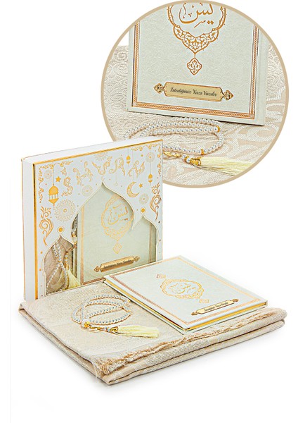Beyaz Çeyizlik Seccade Seti Gelin Bohçasına Uygun Dini Hediyelik Isme Özel Yasin Kitabı