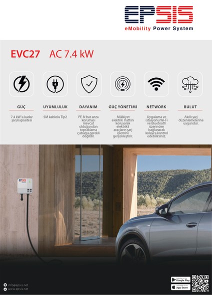 7.4 Kw Elektrikli Araç Şarj Istasyonu Type2 Kablolu