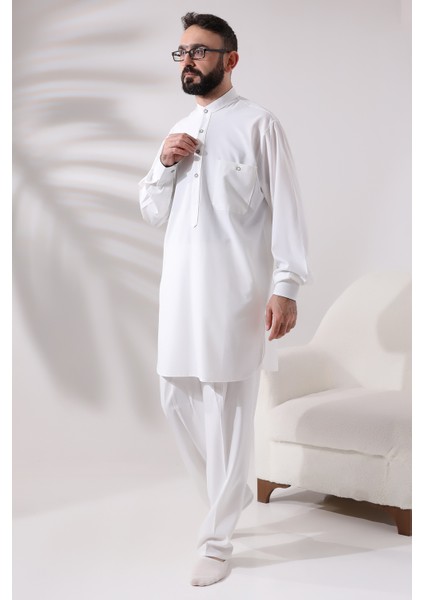 Erkek Çınar Hac ve Umre Kıyafeti Ikili Alt Üst Viskon Afgan Takım Ekru modelleri