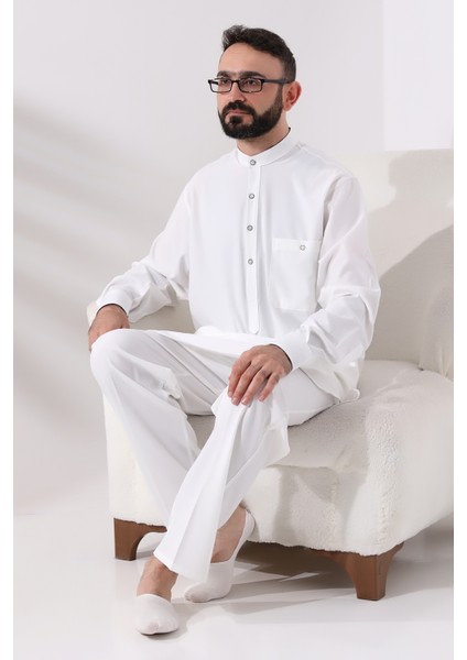 Erkek Çınar Hac ve Umre Kıyafeti Ikili Alt Üst Viskon Afgan Takım Ekru indirimleri