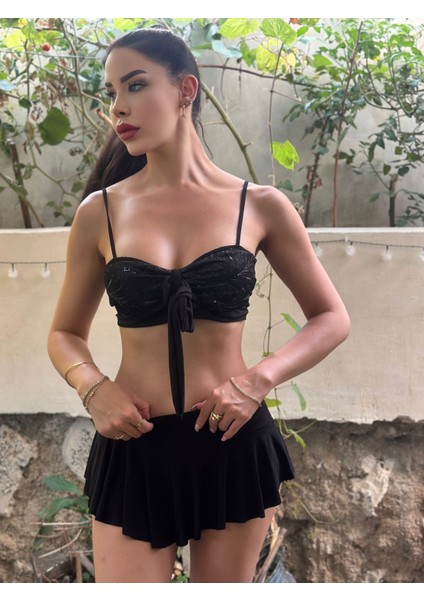 Kayahan Collectıon -Göğüsten Bağlamalı Pul Detaylı Desteksiz Kadın Bikini Takımı