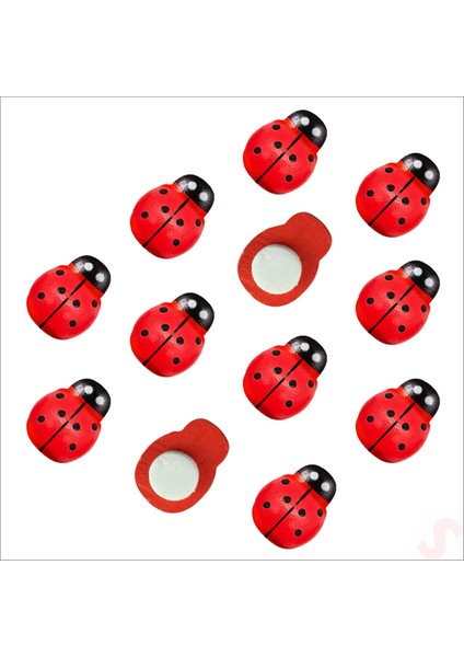 Uğur Böceği Ahşap Sticker, 1,9cm x 1,4cm x 12 Adet - Kırmızı