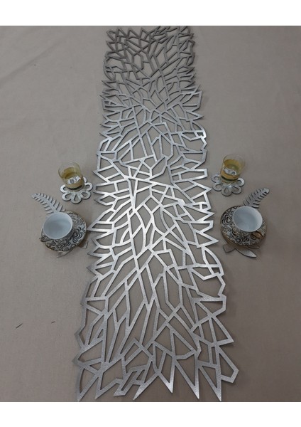 RUNNER/120X33CM/S.DERİ/VARAKLI Gümüş/2 Yaprak Motifi,2 Çiçek Motifi Hediye/ indirimleri