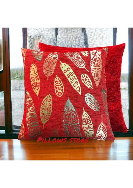 Yaprak Desenli Kırmızı Kırlent Kılıfı Seti -2 Adet 45CM*45CM