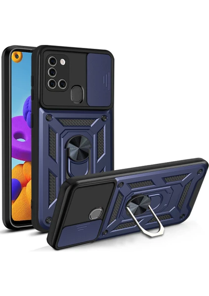 Case 4u Samsung Galaxy A21S Kılıf Ultra Korumalı Yüzüklü Manyetik Sürgülü Vega Kapak Lacivert