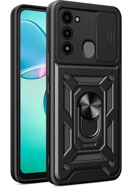 Case 4u Tecno Spark 8c Kılıf Ultra Korumalı Yüzüklü Manyetik Sürgülü Vega Kapak Siyah