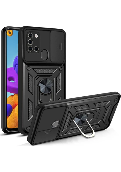 Case 4u Samsung Galaxy A21S Kılıf Ultra Korumalı Yüzüklü Manyetik Sürgülü Vega Kapak Siyah