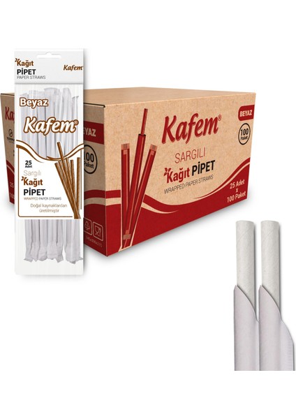Sargılı Beyaz Kağıt Pipet 19,5cm 25LI x 100 Paket (Koli)