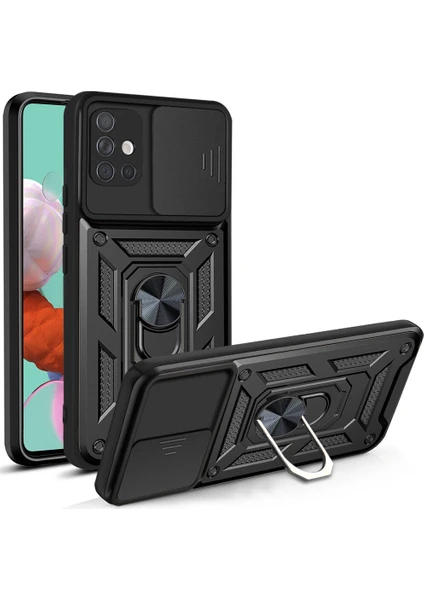 Case 4u Samsung Galaxy A51 4g Kılıf Ultra Korumalı Yüzüklü Manyetik Sürgülü Vega Kapak Siyah