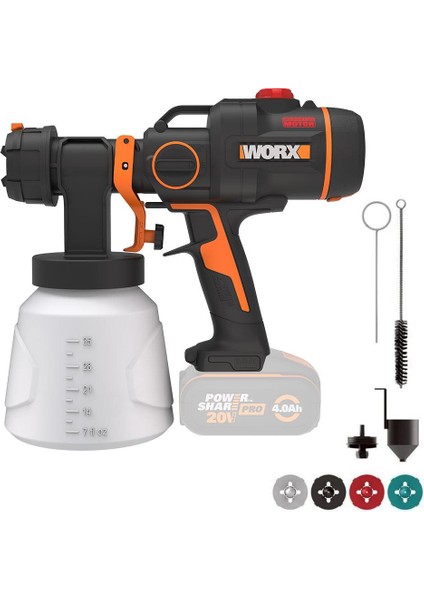 WX020.9 20VOLT Kömürsüz Devir Ayarlı Boya Tabancası + 4 Parça Yedek Nozul/meme (Akü Dahil Değildir)