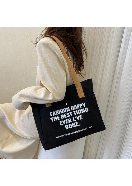 Kanvas Çanta Ins Kız Öğrenci Kore Büyük Kapasiteli Mektup Omuz Çantası Tote Çanta Basit Moda Kanvas Çanta (Yurt Dışından)
