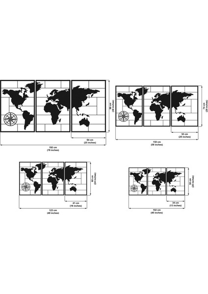 Metal 3 Parça Dünya Haritası Duvar Dekoru