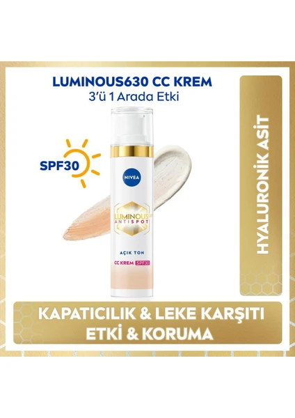 Lumınous630 Koyu Leke Karşıtı Cc Yüz Kremi 40ml, Spf30 Güneş Koruyucu, Hyaluronik Asit, Açık Ton