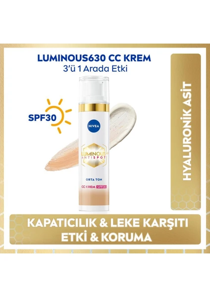 Lumınous630 Koyu Leke Karşıtı Cc Yüz Kremi 40ml, Spf30 Güneş Koruyucu, Hyaluronik Asit, Orta Ton