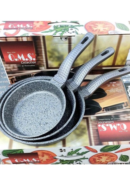 Oms 3737 Fry Pan Döküm Granit 3 Parça Tava Seti Gri (20-24-28 Cm)