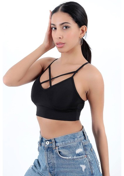 Çapraz İp Detaylı İnce Askı Sporcu Sütyen | Siyah modelleri