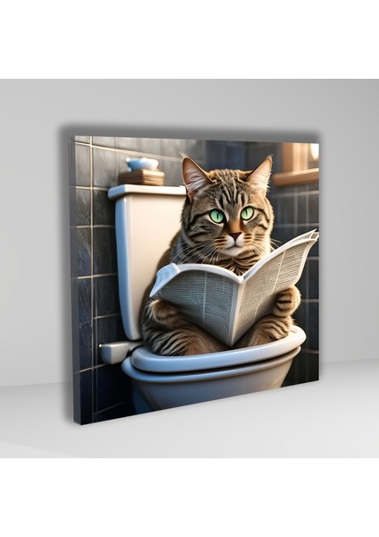 Tekli Kare Kanvas Banyo Tablosu Gazete Okuyan Yeşil Gözlü Kedi fiyatları