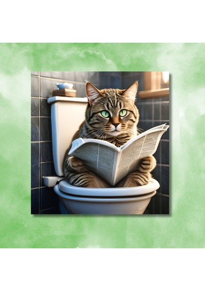 Tekli Kare Kanvas Banyo Tablosu Gazete Okuyan Yeşil Gözlü Kedi modelleri