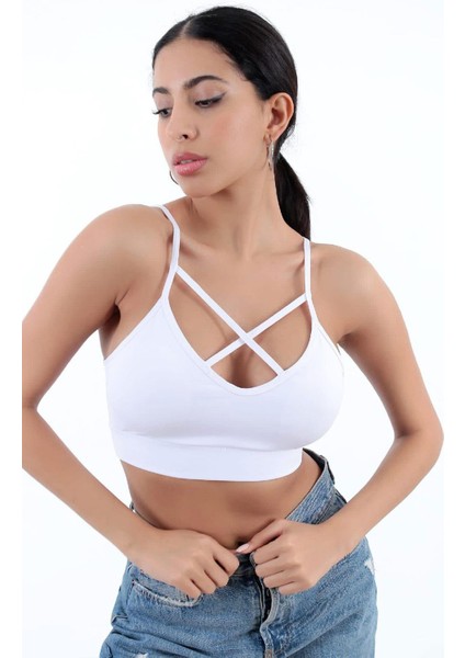 Çapraz İp Detaylı İnce Askı Sporcu Sütyen | Beyaz