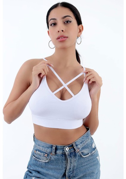 Çapraz İp Detaylı İnce Askı Sporcu Sütyen | Beyaz fiyatları