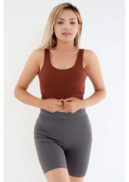 Crop Fitilli Kalın Askı Sporcu Sütyen | Kahverengi