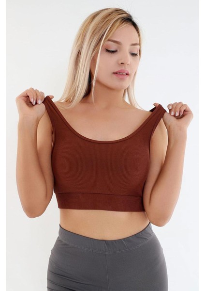 Crop Fitilli Kalın Askı Sporcu Sütyen | Kahverengi fırsatları