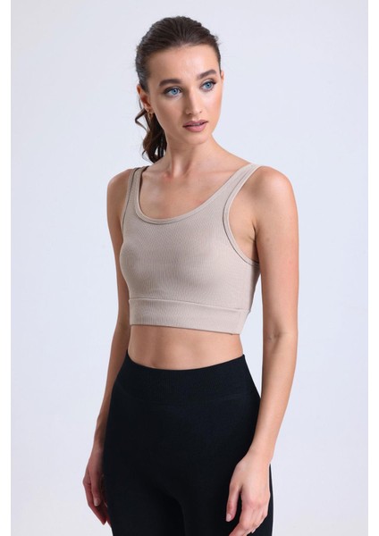 Crop Fitilli Kalın Askı Sporcu Sütyen | Ten