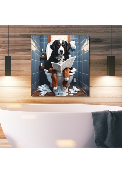 Tekli Kare Kanvas Banyo Tablosu Gazete Okuyan Bernese Mountain
