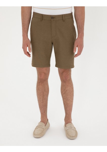 Erkek Haki Slim Fit Keten Karışımlı Dokuma Şort 50291519-VR027