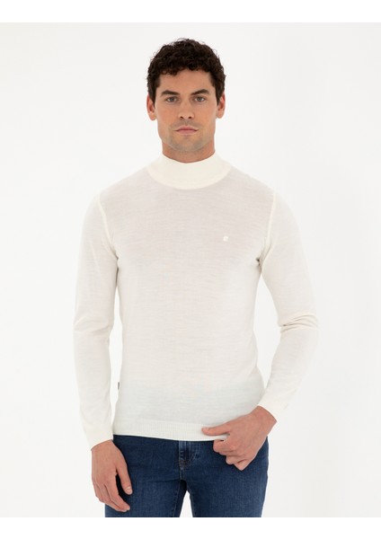Erkek Ekru Slim Fit Yarım Balıkçı Yaka Yün Karışımlı Basic Triko Kazak 50270055-VR019