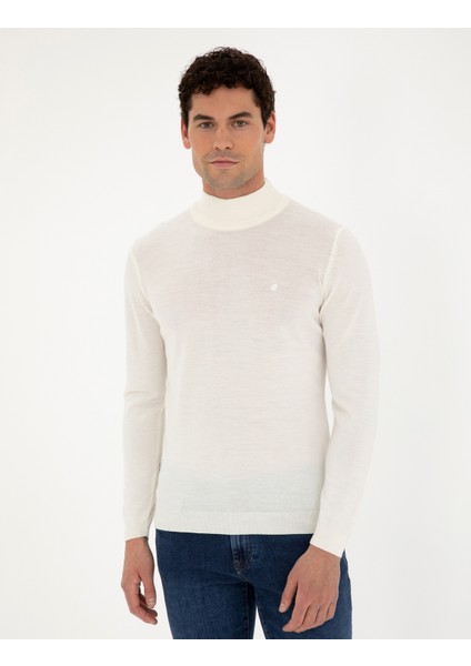 Erkek Ekru Slim Fit Yarım Balıkçı Yaka Yün Karışımlı Basic Triko Kazak 50270055-VR019