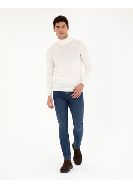Erkek Ekru Slim Fit Yarım Balıkçı Yaka Yün Karışımlı Basic Triko Kazak 50270055-VR019